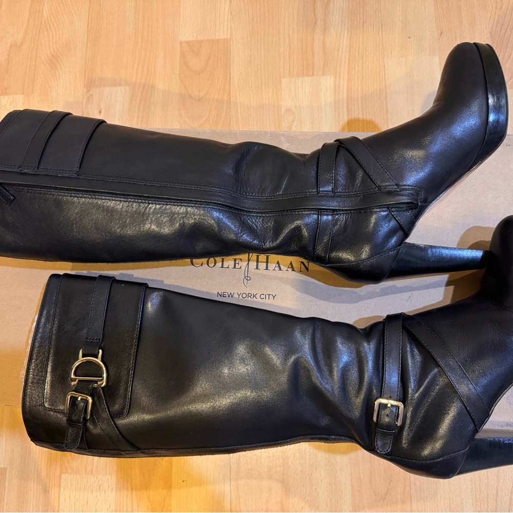 Cole Haan Black Heeled Boots Knee-High Leather